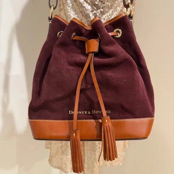 Dooney & Bourke Burgundy Suede Leather Drawstring Bucket Shoulder Bag - Picture 1 of 13